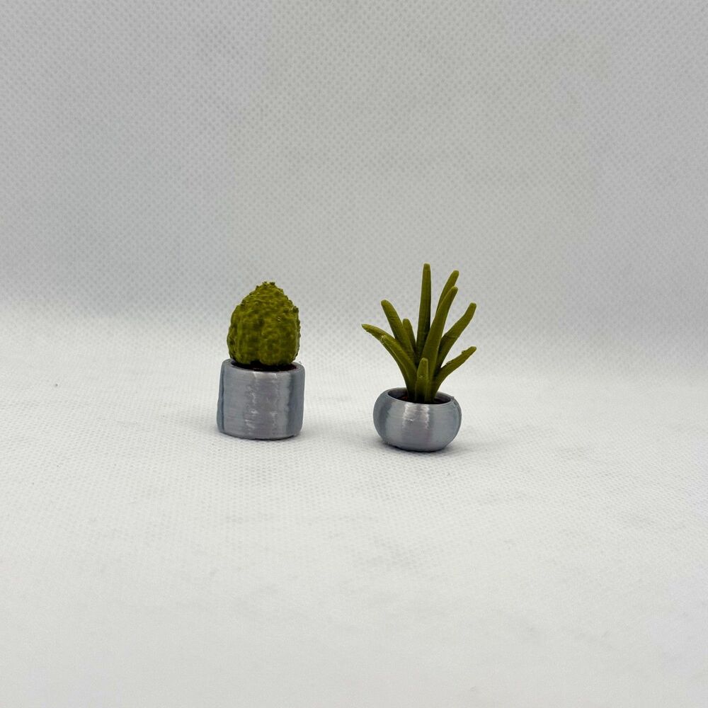 1:12 Dollhouse Miniature Dark Green Plants Silver Pots Set of 2